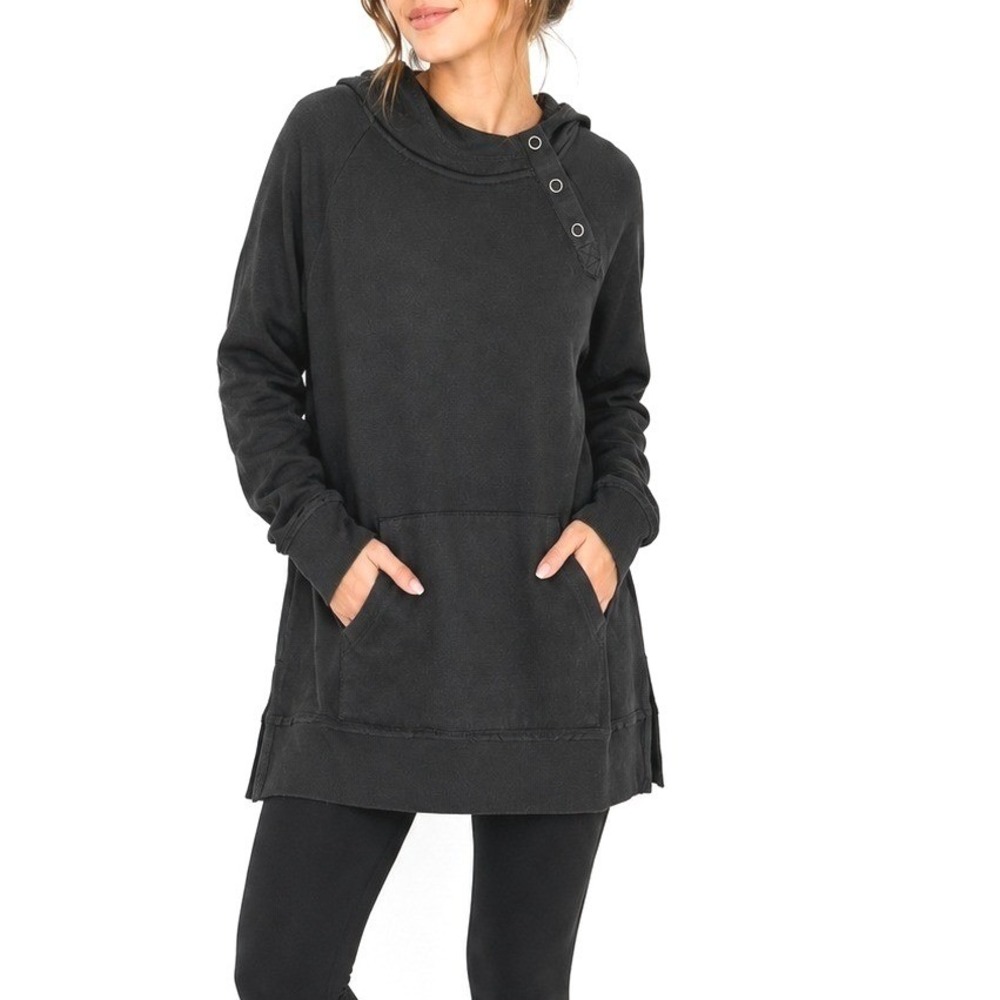 Maurices NWT Black Hooded Pullover Sweatshirt Tunic Snap Neck Kangaroo Pocket L